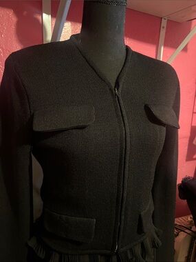 St. John Black Knit Cropped Jacket with Flap Pockets